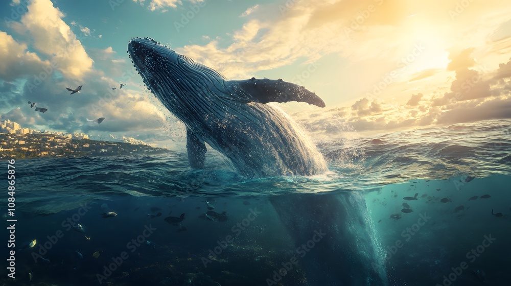9. A whale breaching the ocean surface, the bright sunlight making the water and whale almost indistinguishable due to overexposure 9. A whale breaching the ocean surface, the bright sunlight making the water and whale almost indistinguishable due to overexposure
