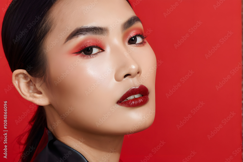 A woman with red lipstick and red eye shadow A woman with red lipstick and red eye shadow