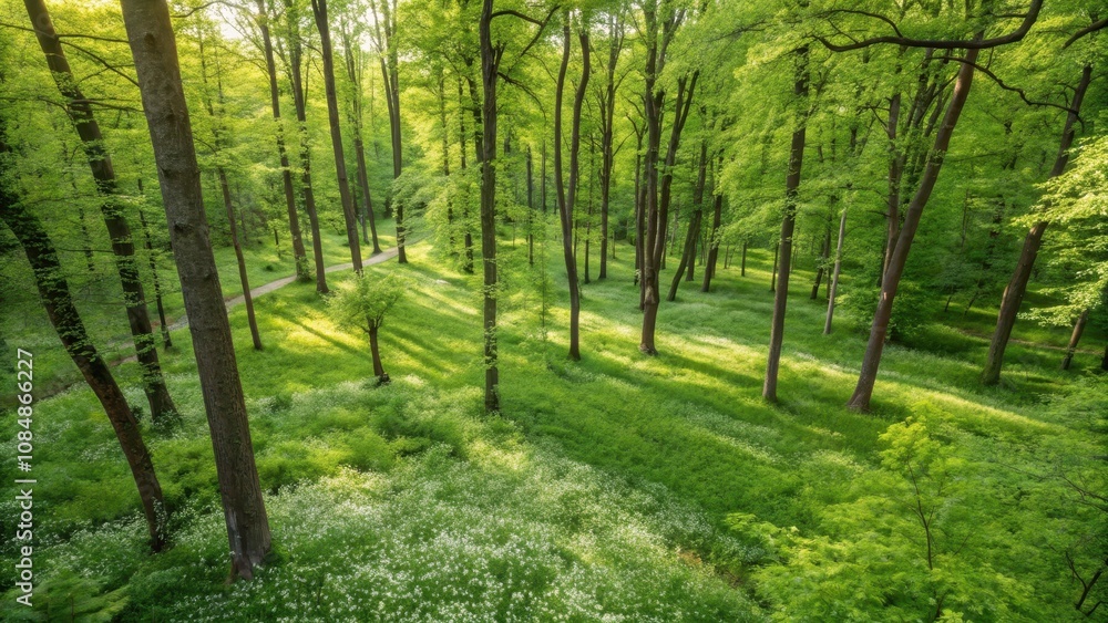Fototapeta premium Sun-dappled forest path meandering through a verdant landscape of blossoming wildflowers