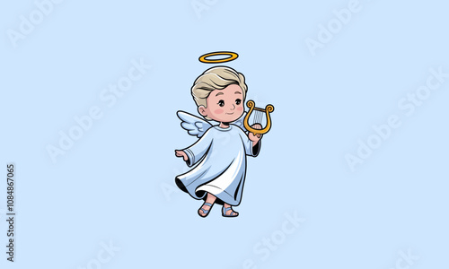 Cute angel with halo and harp floating gracefully.