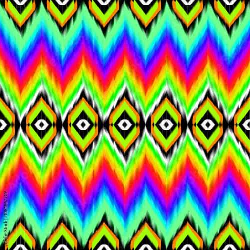 Ikat Vibrant zigzag pattern featuring bold colors, diamonds, and a psychedelic design, ideal for textiles and graphic backgrounds.