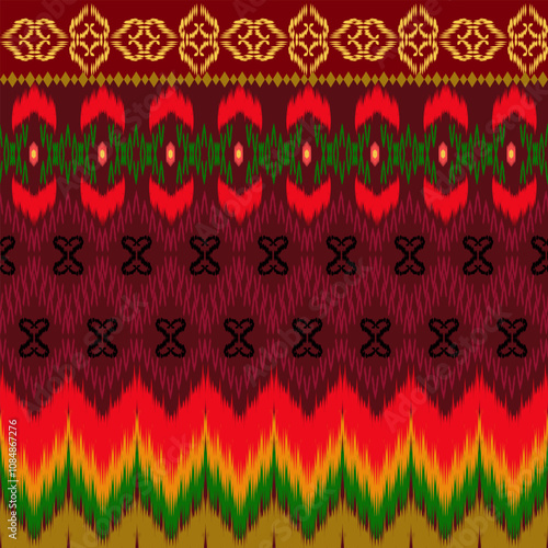 A vibrant, geometric pattern featuring rich colors and intricate designs, perfect for textiles or digital art backgrounds. Ikat