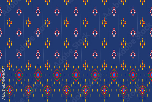 A vibrant blue pattern featuring colorful geometric shapes and designs, perfect for textiles or digital backgrounds.