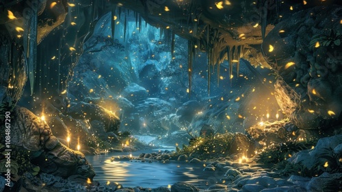 A cave illuminated by flickering torches but upon closer inspection the torches are made of dancing glowing fireflies.