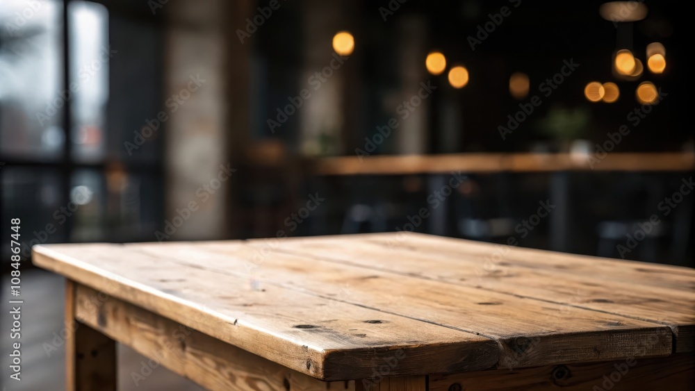 Rustic Wooden Tabletop in a Dimly Lit Indoor Setting, Ideal for Product Placement or Mockups Rustic Wooden Tabletop in a Dimly Lit Indoor Setting, Ideal for Product Placement or Mockups
