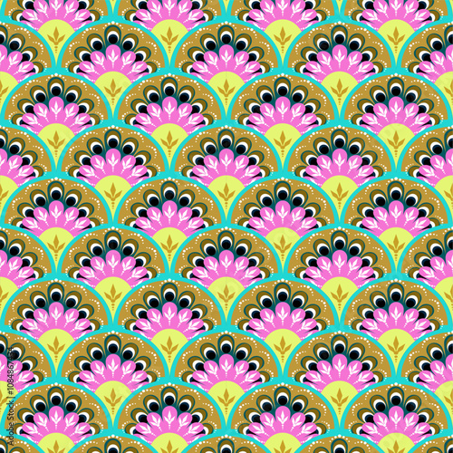 A vibrant, repeating pattern featuring colorful floral designs in shades of pink, green, and blue, arranged in an elegant, fan-like formation.