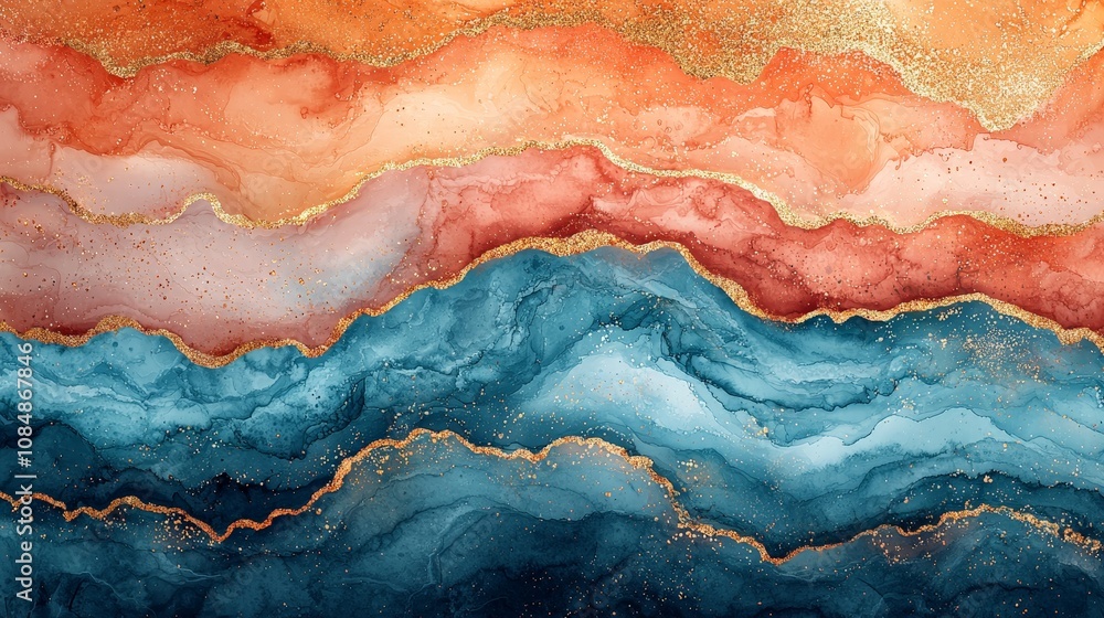 Abstract fluid art with vibrant colors and gold accents, creating a serene, wavy composition. Abstract fluid art with vibrant colors and gold accents, creating a serene, wavy composition.