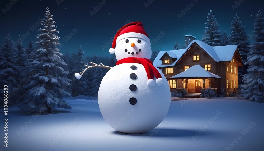 Obraz premium 3d illustration wallpaper of snowman wearing Christmas hat with house background.