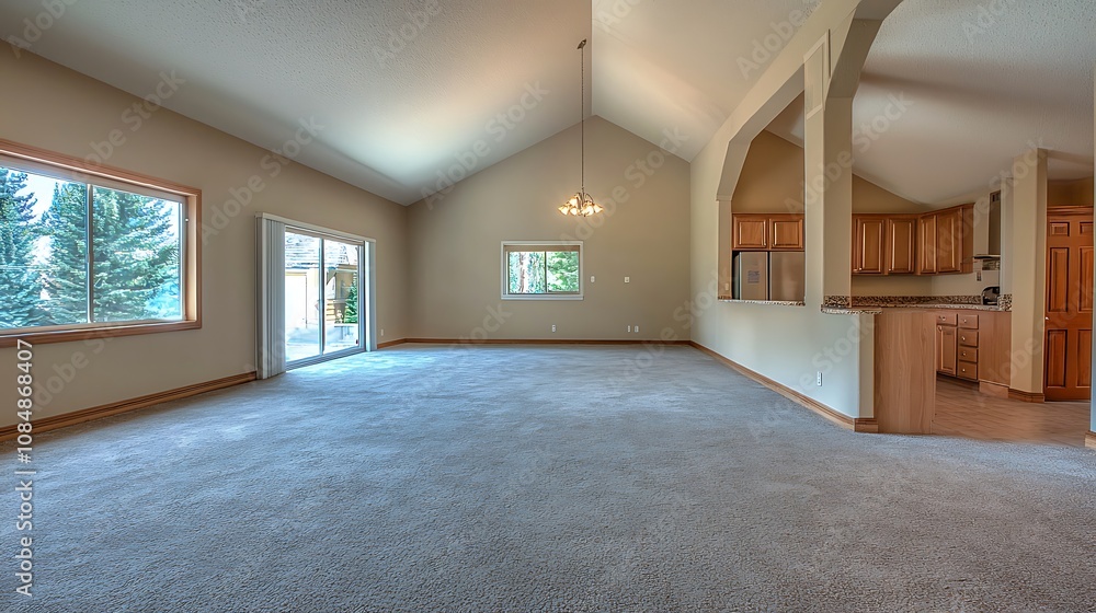 Spacious rambler home interior featuring a vaulted ceiling. Spacious rambler home interior featuring a vaulted ceiling.