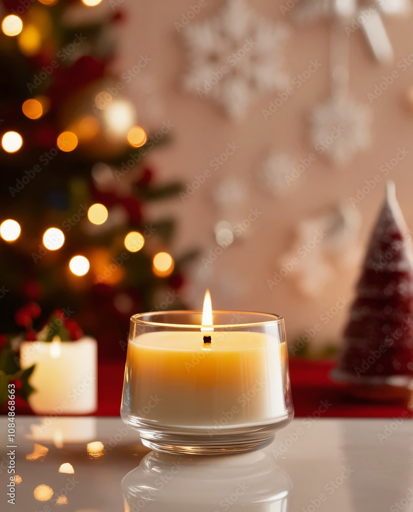 The Christmas candle's flame glows warmly, creating a festive ambiance. The Christmas candle's flame glows warmly, creating a festive ambiance.
