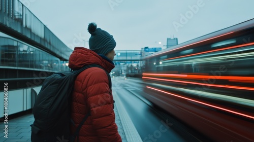 A person in a red jacket waits at a bus stop as a bus rushes by, capturing a moment of urban life.