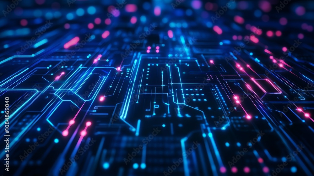 Abstract digital circuit pattern with vibrant blue and pink light, representing technology and innovation. Abstract digital circuit pattern with vibrant blue and pink light, representing technology and innovation.