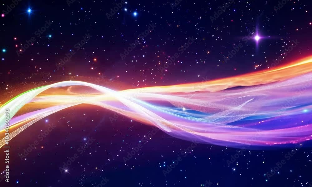 A vibrant and dynamic wave of light, shimmering with every color of the rainbow, twists and turns through a dark, starry sky A vibrant and dynamic wave of light, shimmering with every color of the rainbow, twists and turns through a dark, starry sky