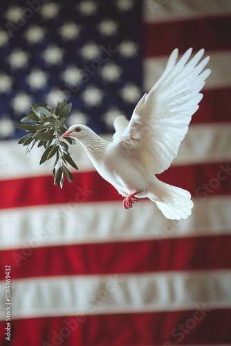 White dove of peace with olive branch flies over the usa flag. War, peace, peacemaker, reconciliation, America. photo