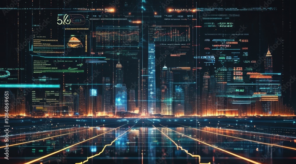 Futuristic Economy & Tech 5.0 Background: Hyper-Real Financial Data Display Futuristic Economy & Tech 5.0 Background: Hyper-Real Financial Data Display
