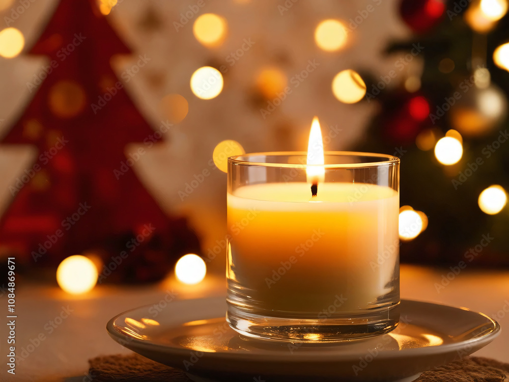 The Christmas candle's flame glows warmly, creating a festive ambiance. The Christmas candle's flame glows warmly, creating a festive ambiance.
