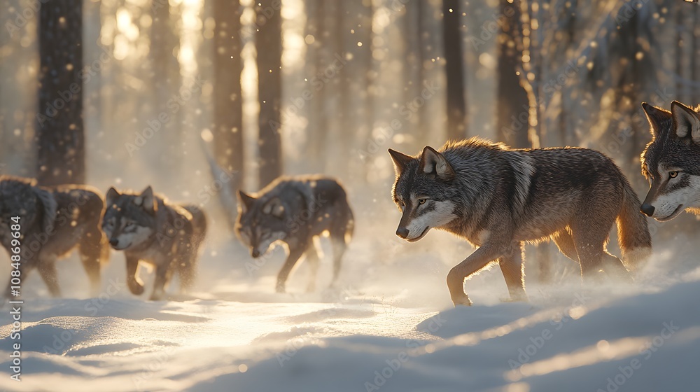 26. A pack of wolves walking through a snow-covered forest, their dark fur becoming washed out by the intense sunlight 26. A pack of wolves walking through a snow-covered forest, their dark fur becoming washed out by the intense sunlight