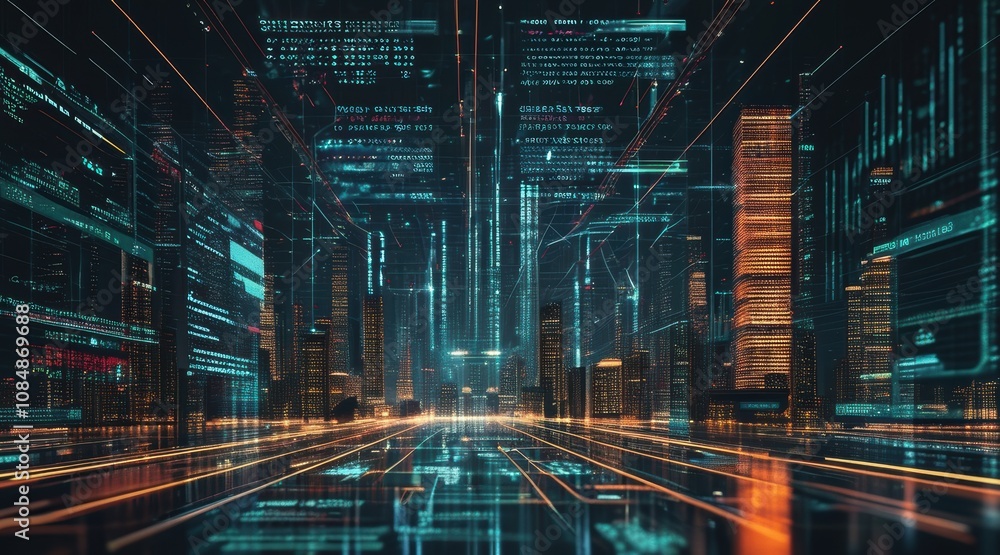 Futuristic Economy & Tech 5.0 Background: Hyper-Real Financial Data Display Futuristic Economy & Tech 5.0 Background: Hyper-Real Financial Data Display