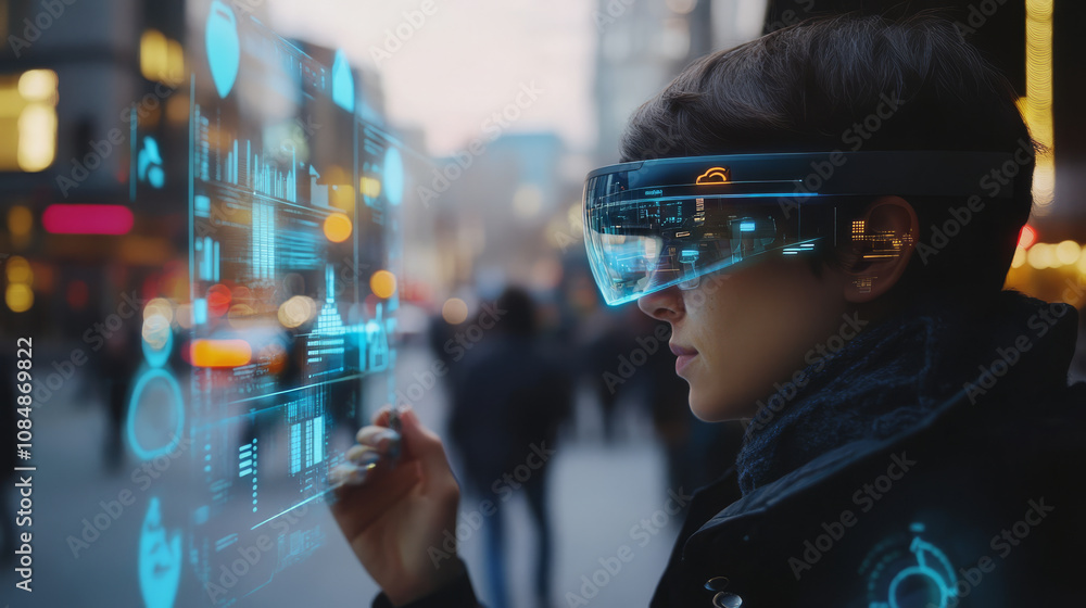 AR icons displayed on smart glasses, visualizing augmented overlays in urban environments AR icons displayed on smart glasses, visualizing augmented overlays in urban environments