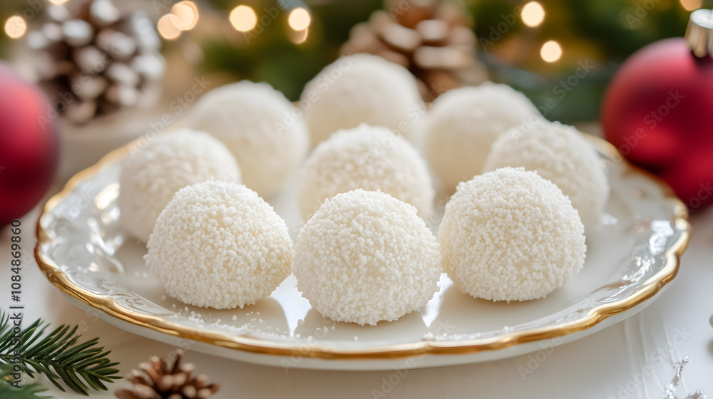 Festive display of white powdered Russian tea cakes on plate Festive display of white powdered Russian tea cakes on plate