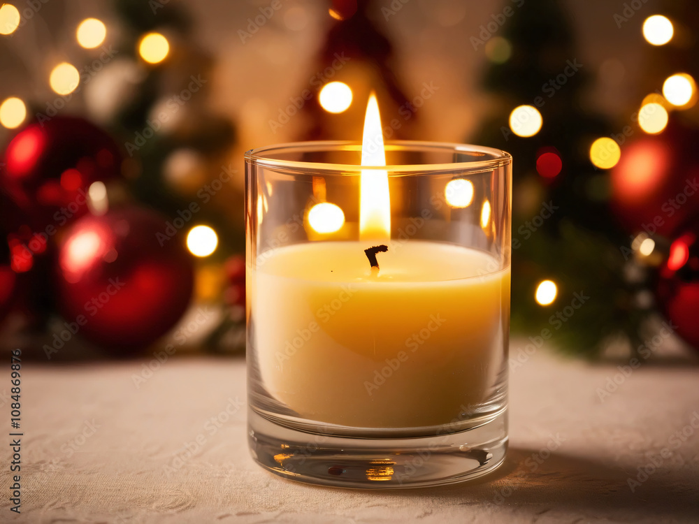 A Christmas candle flickers softly, adding charm to the festive scene. A Christmas candle flickers softly, adding charm to the festive scene.