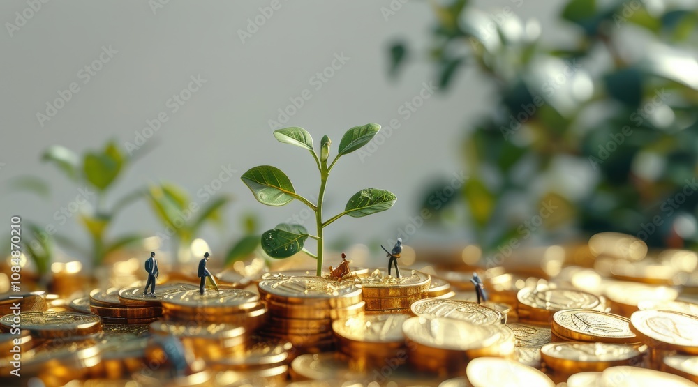 Realistic Economy Illustration: Plant Sprout on a Pile of Gold Coins with Miniature Worker Realistic Economy Illustration: Plant Sprout on a Pile of Gold Coins with Miniature Worker