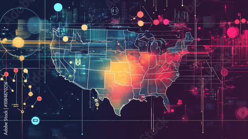 Capture an infographic-style image displaying key statistics and advancements in economic technology, emphasizing growth and trends
