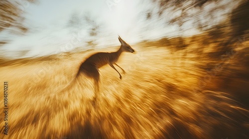 28. A kangaroo leaping across a field, its motion blurred and overexposed by the midday sun photo