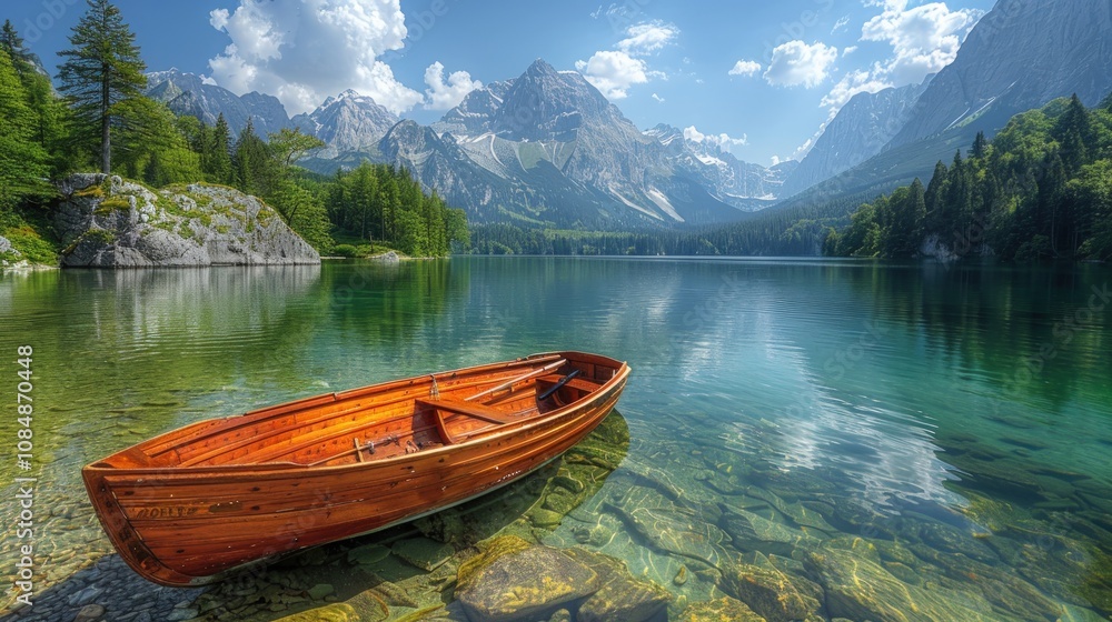 Serene Mountain Lake with Rowboat Serene Mountain Lake with Rowboat