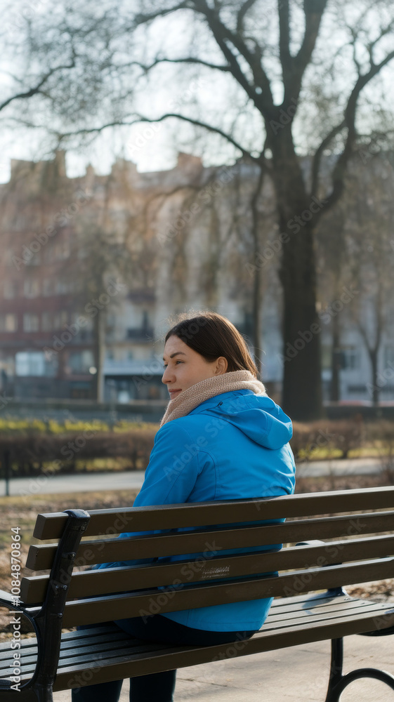Fototapeta premium Casual urban scene with a person on a wooden bench. Lifestyle photography with a reflective moment in a city park during winter in a outdoor park setting.
