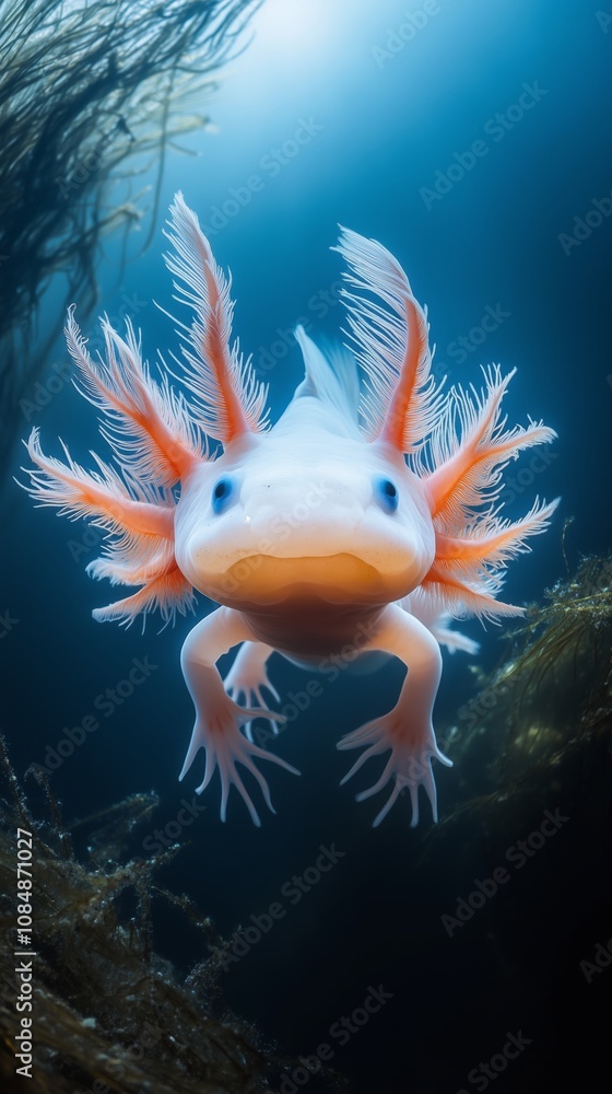 Vertical shot of an axolotl surrounded by vibrant aquatic plants in its natural habitat. Underwater life concept Vertical shot of an axolotl surrounded by vibrant aquatic plants in its natural habitat. Underwater life concept