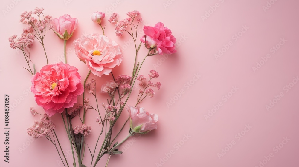 A bouquet of pink flowers arranged on a soft pink background, evoking beauty and tranquility. A bouquet of pink flowers arranged on a soft pink background, evoking beauty and tranquility.