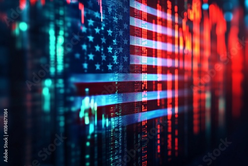 A digital glitch effect creating a distorted yet recognizable American flag on a futuristic screen