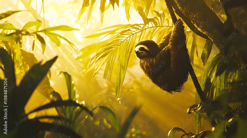 31. A sloth hanging from a tree, almost indistinguishable against the bright overexposed jungle backdrop 31. A sloth hanging from a tree, almost indistinguishable against the bright overexposed jungle backdrop