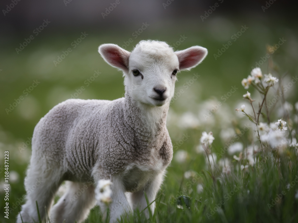 Innocent lamb enjoying a grassy meadow. Animal photography wallpaper in a spring scene with sheep and wildflowers. Innocent lamb enjoying a grassy meadow. Animal photography wallpaper in a spring scene with sheep and wildflowers.
