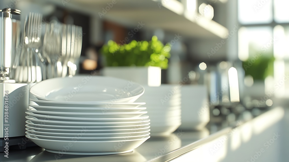 Set of clean dishes on wooden table in kitchen Set of clean dishes on wooden table in kitchen