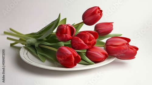 A bouquet of vibrant red tulips arranged on a white plate, showcasing their beauty and elegance.