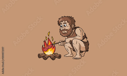 Caveman roasting meat over a fire in prehistoric times.