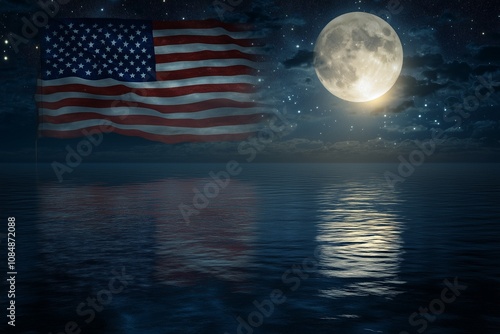 An American flag painted on the surface of a tranquil lake, its reflection shimmering under a full moon photo