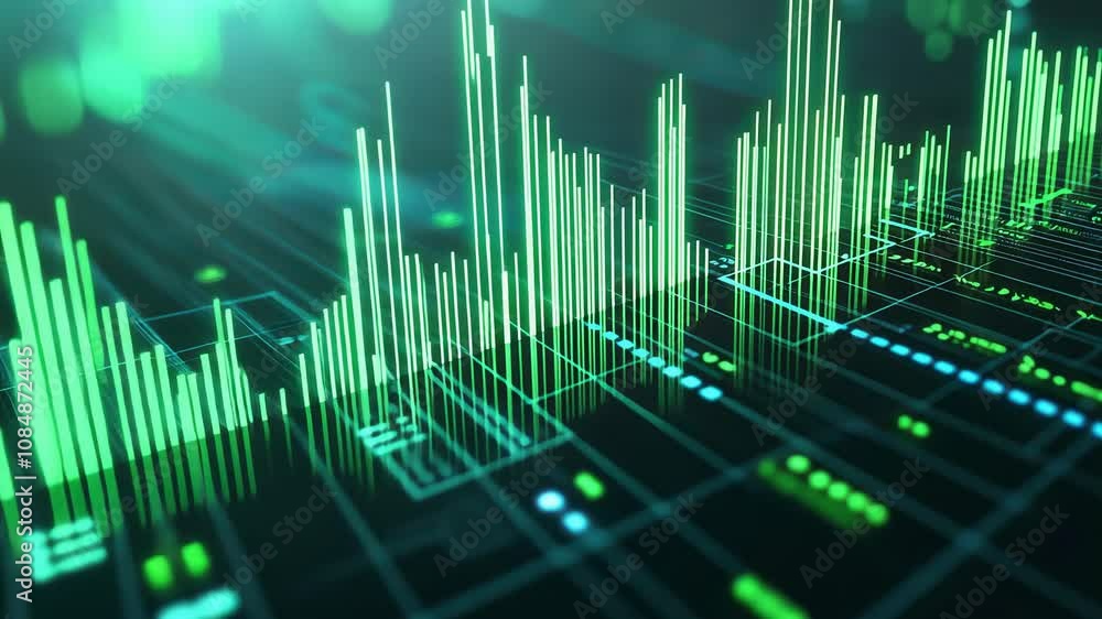 Abstract visual of green data graph, digital metrics and trends in modern Abstract visual of green data graph, digital metrics and trends in modern