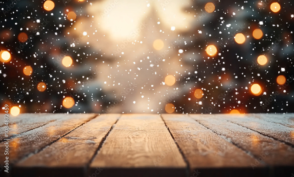A warm, inviting image perfect for holiday promotions, featuring softly glowing bokeh lights, Christmas trees, and a cozy wooden table for festive events. A warm, inviting image perfect for holiday promotions, featuring softly glowing bokeh lights, Christmas trees, and a cozy wooden table for festive events.