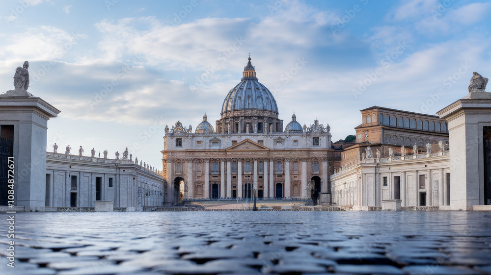 Iconic view of St. Peter’s Basilica facade. Travel landmark photography wallpaper with inspiring iconic architecture in day time setting. Iconic view of St. Peter’s Basilica facade. Travel landmark photography wallpaper with inspiring iconic architecture in day time setting.