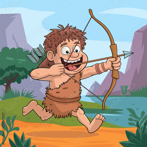Excited caveman shooting an arrow with a bow in nature.