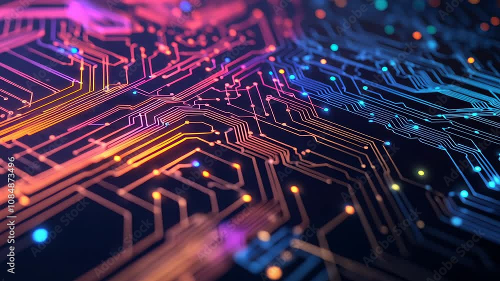 Abstract circuitry design featuring vibrant colors and glowing lights, technology and digital themes. Abstract circuitry design featuring vibrant colors and glowing lights, technology and digital themes.