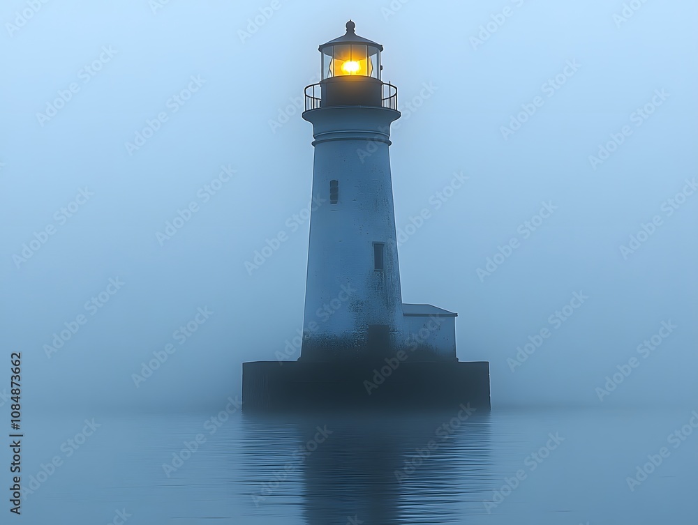 A solitary lighthouse stands in fog, its light glowing, guiding vessels through the mist. A solitary lighthouse stands in fog, its light glowing, guiding vessels through the mist.