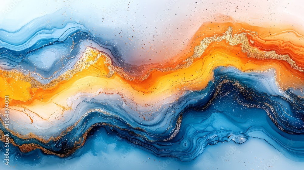 Abstract fluid art with vibrant orange and blue waves, creating a visually striking composition. Abstract fluid art with vibrant orange and blue waves, creating a visually striking composition.