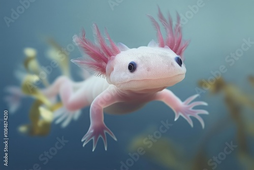 White Axolotl Glides Through Crystal Water, Showcasing Delicate Gills and Ethereal Beauty. Aquatic Animal Portrait Concept. photo