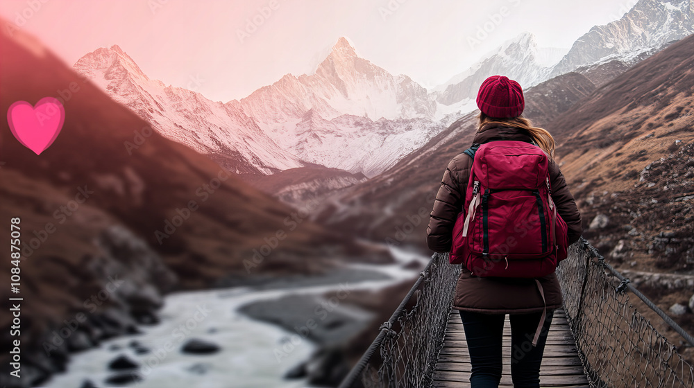 Fototapeta premium Hiker crossing a bridge in the mountains during sunset, showcasing breathtaking scenery and a sense of adventure