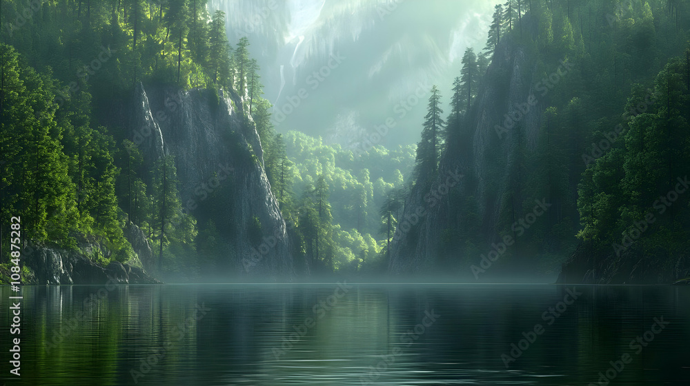 Misty Mountain Lake Landscape Illustration Misty Mountain Lake Landscape Illustration