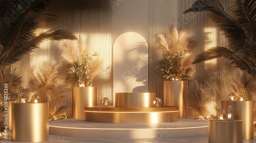 Elegant golden altar with flowers in serene atmosphere.